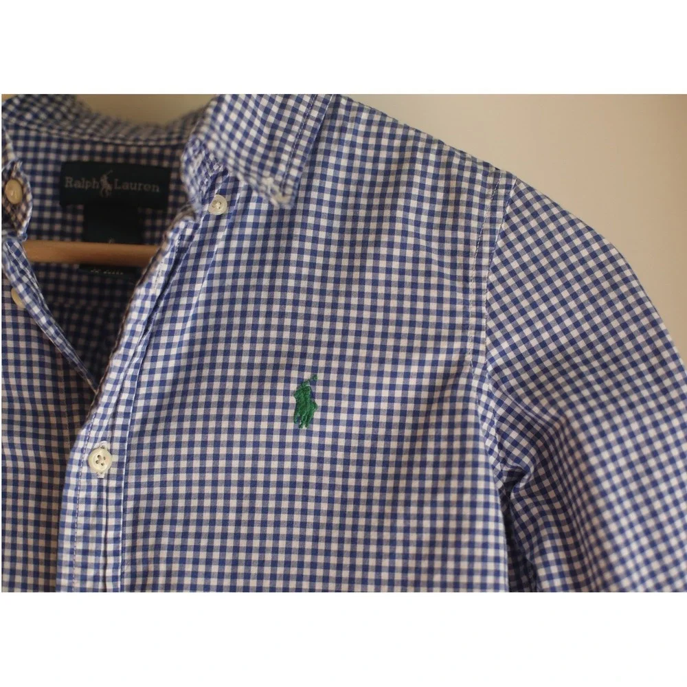Ralph Lauren Boys Blue Gingham Button Down Shirt Size 6 Long Sleeve Cotton Kids